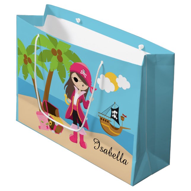 Grand Sac Cadeau Fête d'anniversaire rose de fille de pirate (Devant Angle)