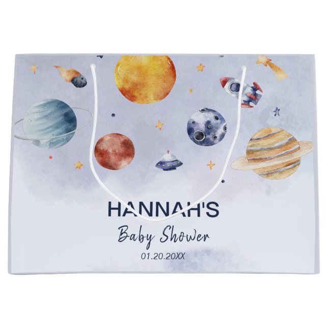 Grand Sac Cadeau Fête de Baby shower pour garçon spatial Rocket (Devant)