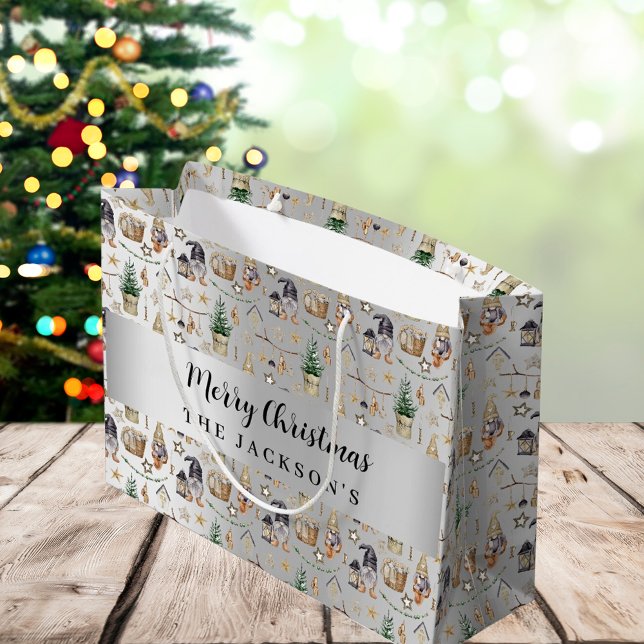 Grand Sac Cadeau Fête de la ferme nordique des gnomes d'argent (Créateur téléchargé)