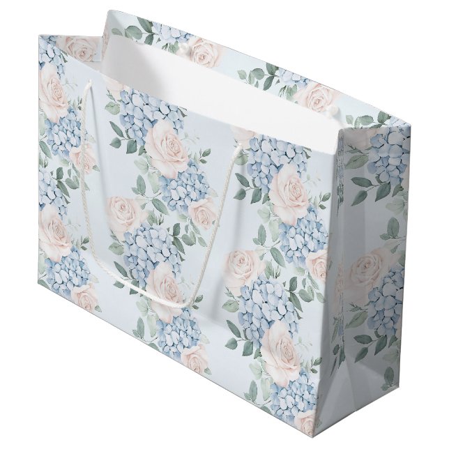 Grand Sac Cadeau Fête de mariage Fleurs roses bleues romantiques (Devant Angle)