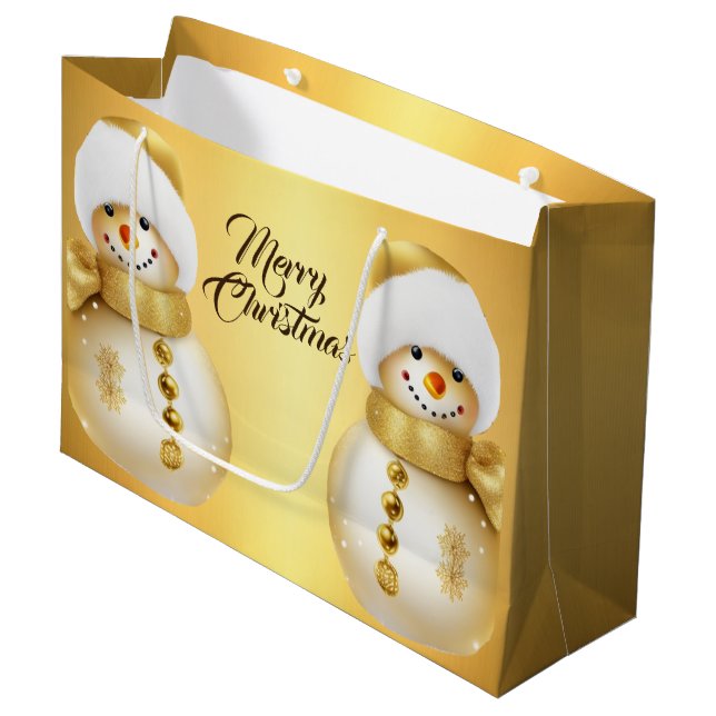 Grand Sac Cadeau Fête de Noël Golden Snowman (Devant Angle)