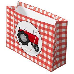 Grand Sac Cadeau Fête de tracteur rouge pays en vichy