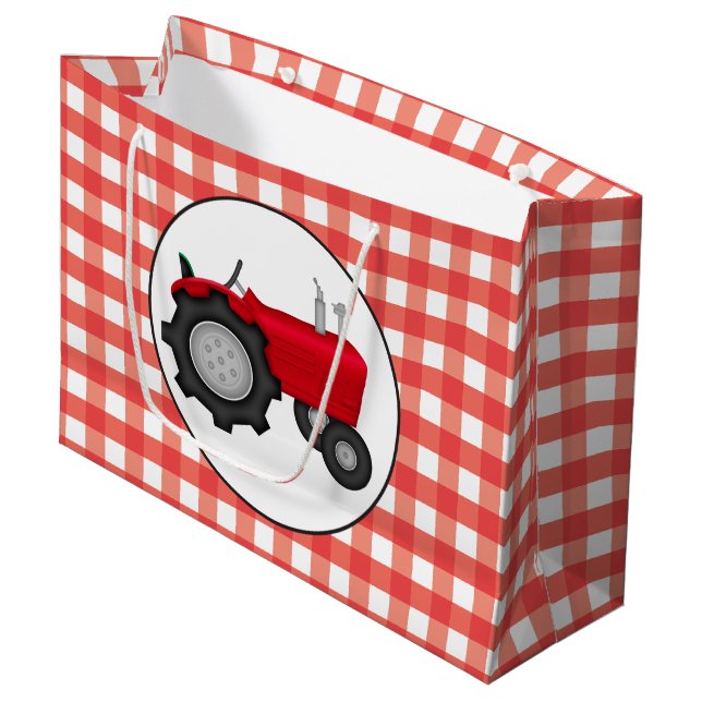 Grand Sac Cadeau Fête de tracteur rouge pays en vichy (Devant Angle)
