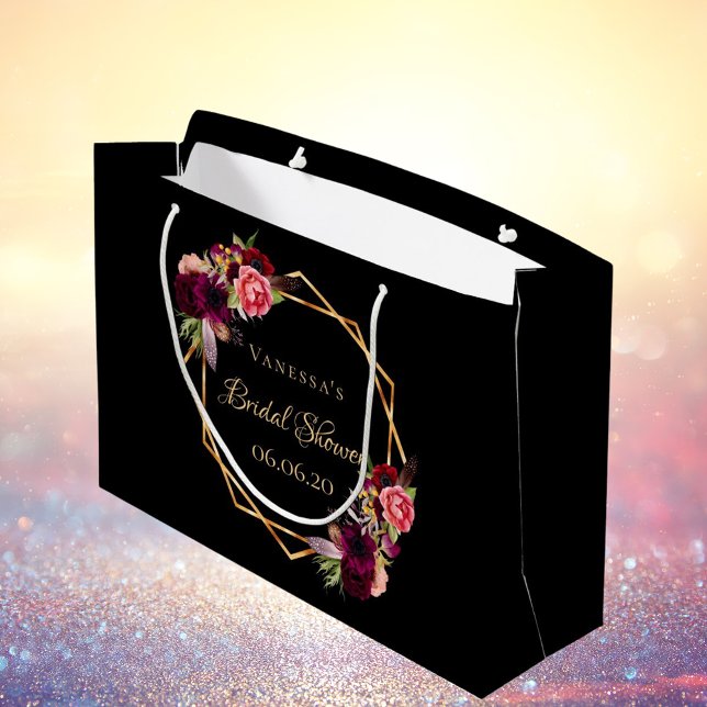 Grand Sac Cadeau Fête des mariées noir flores bordeaux (Créateur téléchargé)