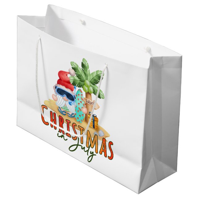 Grand Sac Cadeau fête Noël juillet plage de gnome (Devant Angle)