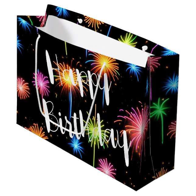 Grand Sac Cadeau Feu D'Anniversaire De Neon Sur Noir (Devant Angle)