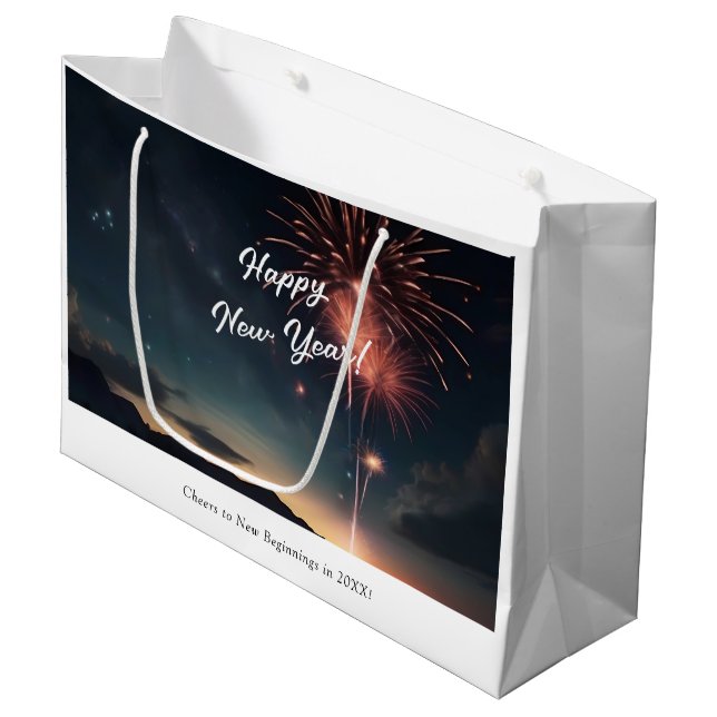 Grand Sac Cadeau Feu d'artifice Fête Ciel foncé Bonne année (Devant Angle)