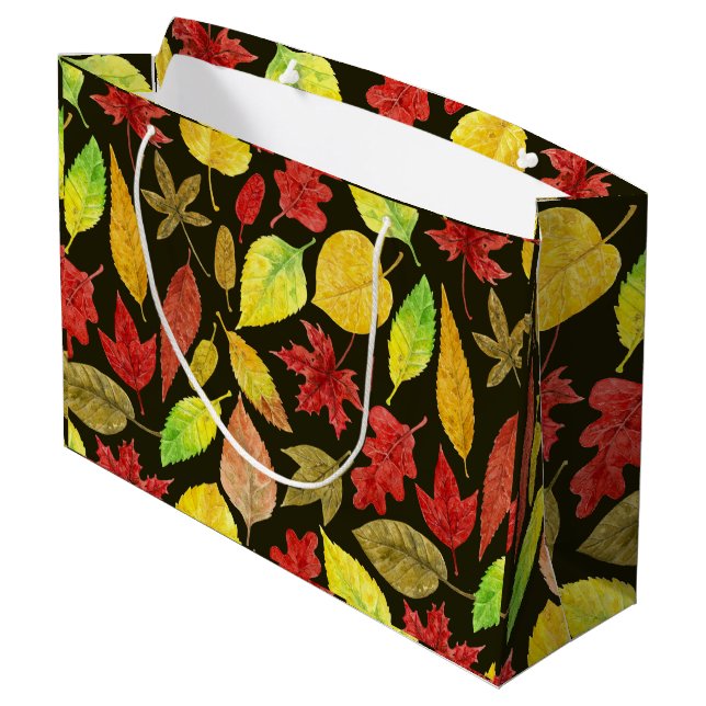 Grand Sac Cadeau Feuilles d'automne aquarelle foncée (Dos Angle)