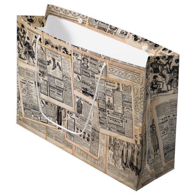 Grand Sac Cadeau Feuilles de publicité de journaux anciens Découpag (Devant Angle)