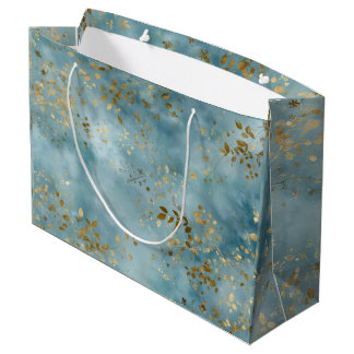 Grand Sac Cadeau Feuilles dorées botaniques motif design sarcelle