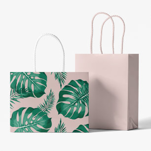 Grand Sac Cadeau Feuilles Pink & Green Palm sans couture Motif
