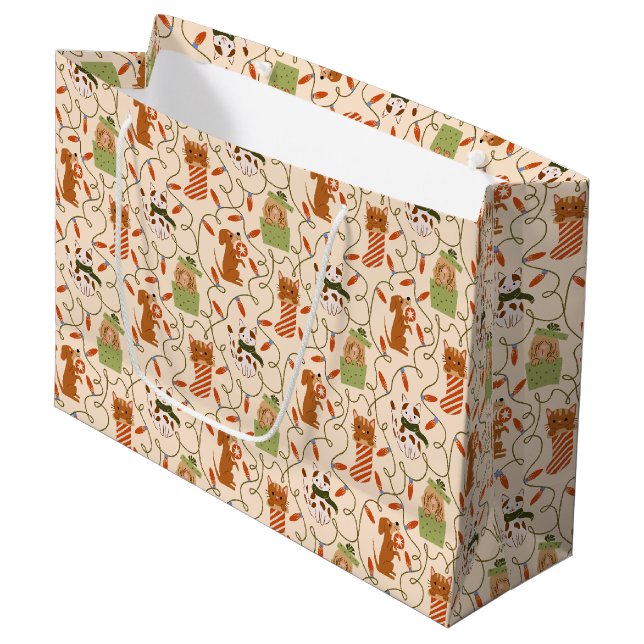 Grand Sac Cadeau Feux de Noël Animaux Motif Jaune (Devant Angle)