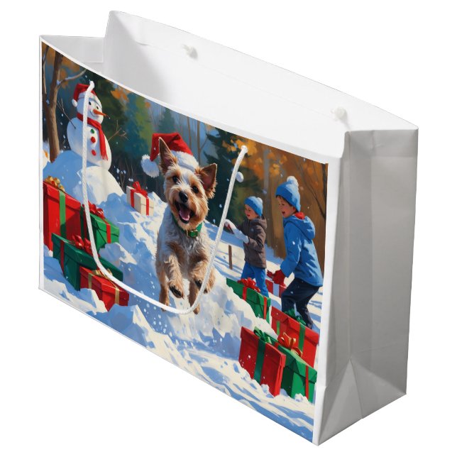 Grand Sac Cadeau Fil Fox Terrier coule la neige avec Casquette de N (Devant Angle)