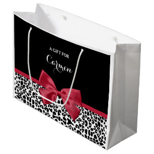 Grand Sac Cadeau Fille Empreinte de léopard Bright Rouge Ruban Avec