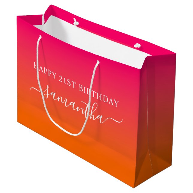 Grand Sac Cadeau Fille Nom 21e anniversaire Bright Pink Orange Ombr (Devant Angle)