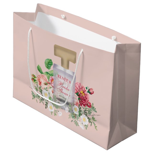 Grand Sac Cadeau Flacon de parfum rose poudré Fleurs Mariage  (Devant Angle)