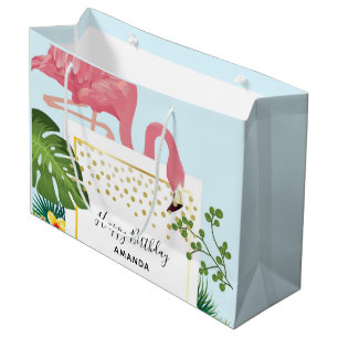 Grand Sac Cadeau Flamant rose rose élégant et Feuilles tropicaux An