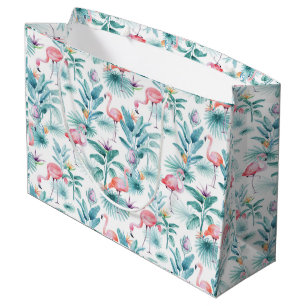 Grand Sac Cadeau Flamants roses motif feuilles tropicales