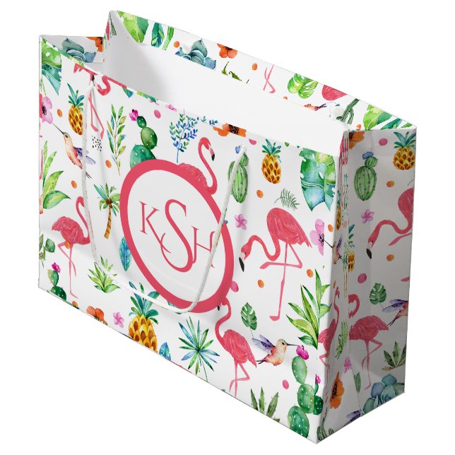 Grand Sac Cadeau Flamants roses & Plantes tropicaux & Fleurs Motif (Devant Angle)