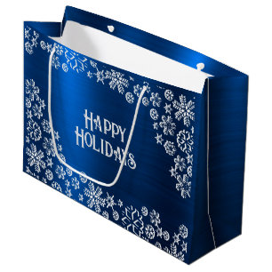Grand Sac Cadeau Flammes blanches de Noël Flammes de neige bleu mar