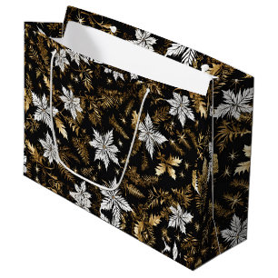 Grand Sac Cadeau Fleur Noir Blanc Or