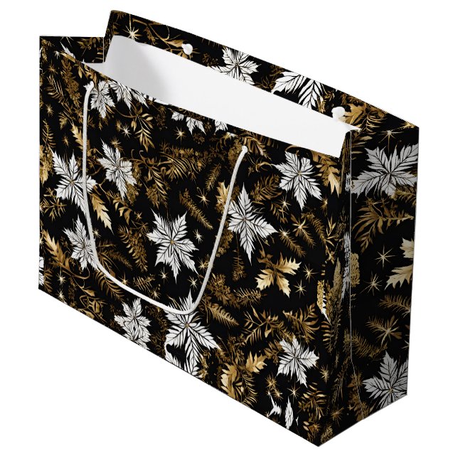 Grand Sac Cadeau Fleur Noir Blanc Or (Devant Angle)