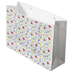 Grand Sac Cadeau Fleur sauvage aquarelle bleue rouge