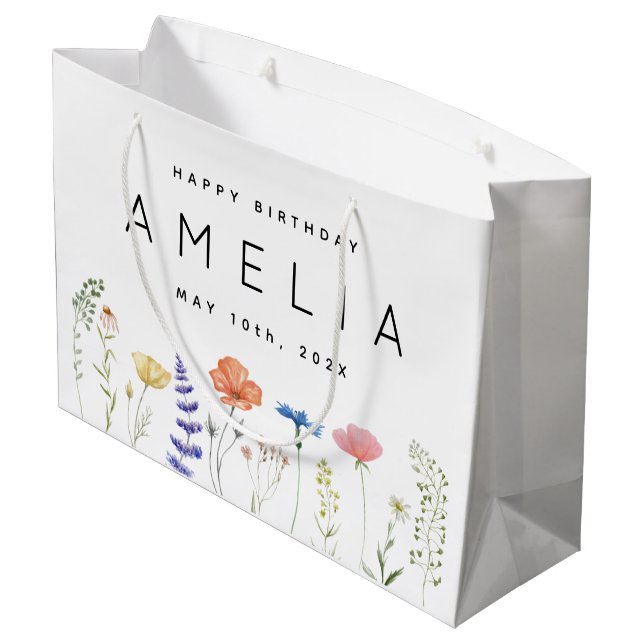 Grand Sac Cadeau Fleur sauvage rustique Joyeux Anniversaire Nom (Dos Angle)