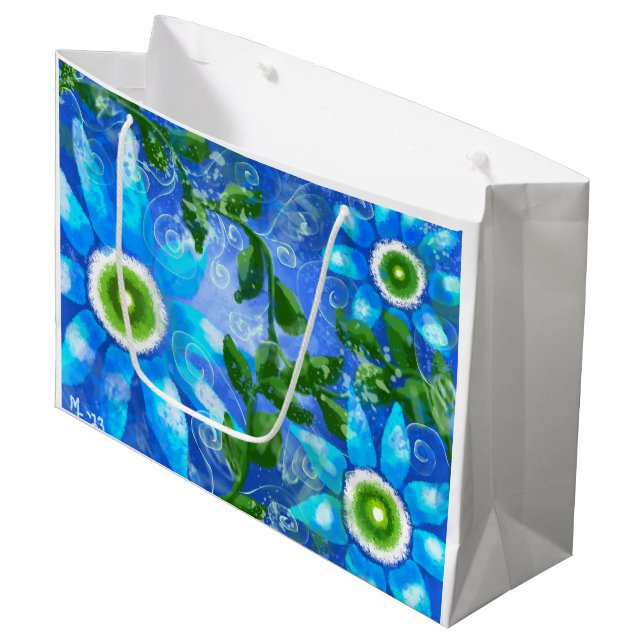 Grand Sac Cadeau Fleur Turquoise blanc bleu vert marguerite (Devant Angle)