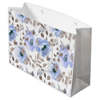 Grand Sac Cadeau Fleurs Aquarelles Bleues Chic
