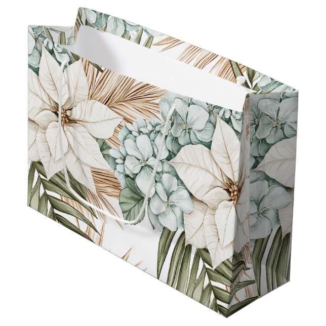 Grand Sac Cadeau Fleurs Blanches Bleu Tropical Fête de Mariage (Devant Angle)