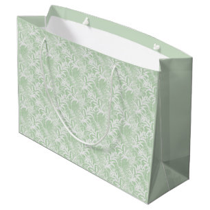 Grand Sac Cadeau Fleurs blanches sur vert clair.