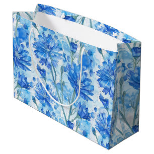 Grand Sac Cadeau Fleurs bleues et blanches à l'aquarelle abstraite