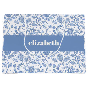 Grand Sac Cadeau Fleurs botaniques bleues et blanches Nom personnal