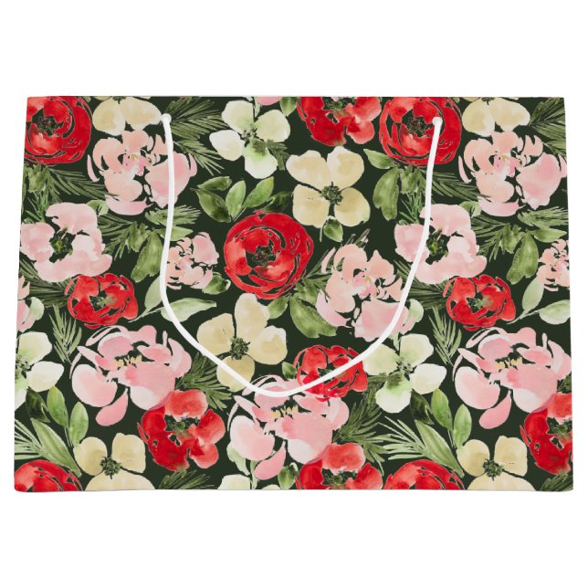 Grand Sac Cadeau Fleurs d'aquarelle de Noël bleues et vertes foncée (Devant)