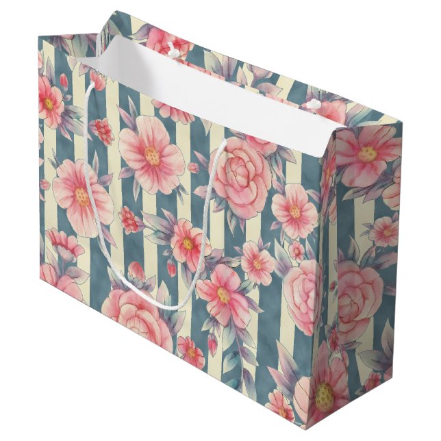 Grand Sac Cadeau Fleurs d'aquarelle rose sur bandes (Devant Angle)