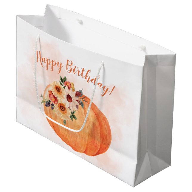 Grand Sac Cadeau Fleurs d'automne et Citrouille Joyeux anniversaire (Devant Angle)