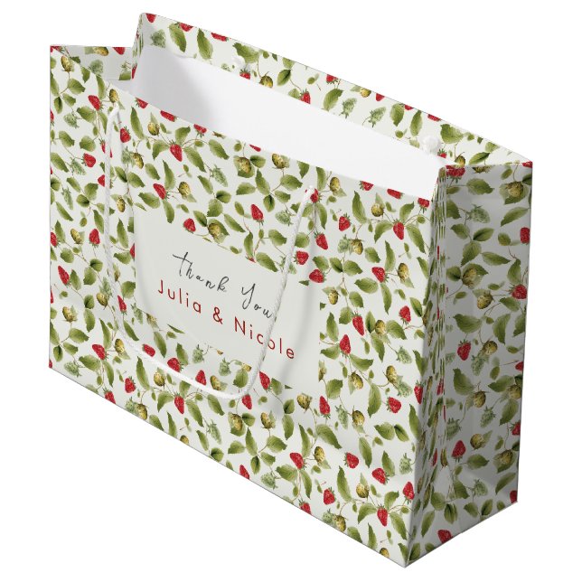 Grand Sac Cadeau Fleurs de fraises rouges sucrées Mariage (Devant Angle)