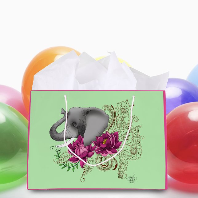 Grand Sac Cadeau Fleurs de lotus henné éléphant (Créateur téléchargé)