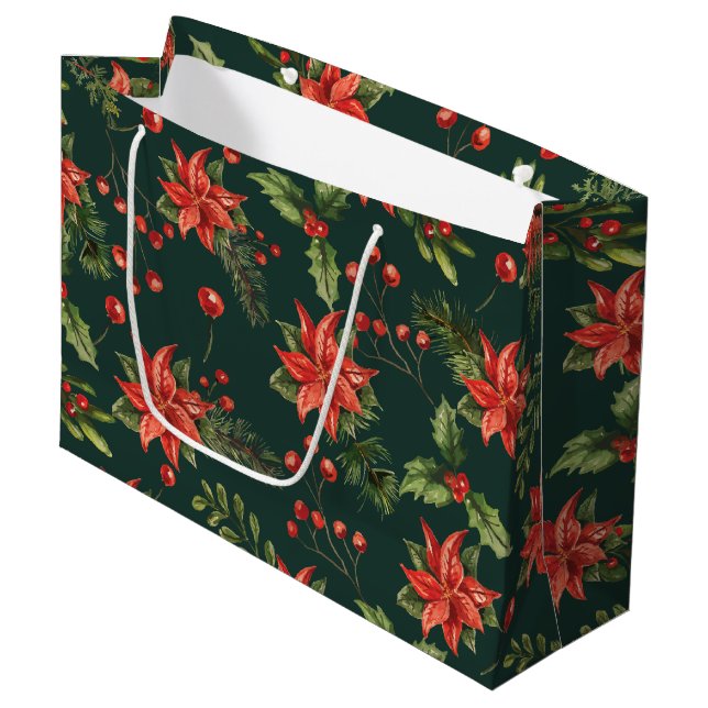 Grand Sac Cadeau Fleurs de Noël des baies rouges (Devant Angle)