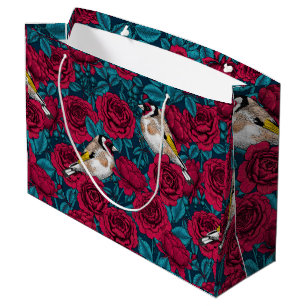 Grand Sac Cadeau Fleurs de roses rouges et oiseaux d'or