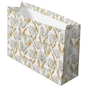 Grand Sac Cadeau Fleurs de tulipe blanches dorées Baby Shower