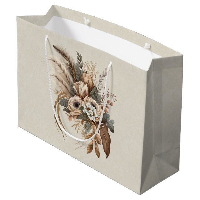 Grand Sac Cadeau Fleurs Élégantes Feuillage et plumes (Dos Angle)