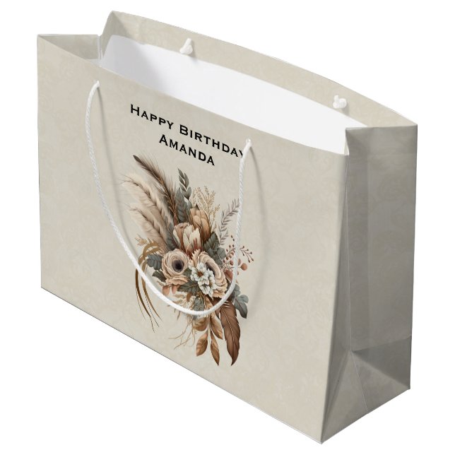 Grand Sac Cadeau Fleurs Élégantes Feuillage et plumes Anniversaire (Dos Angle)