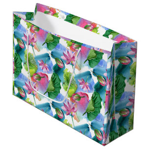 Grand Sac Cadeau Fleurs et feuilles de lotus rose à l'aquarelle bot