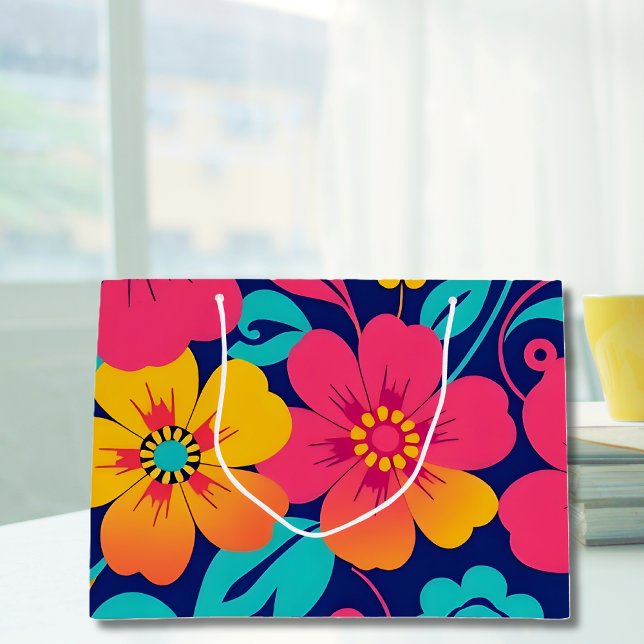 Grand Sac Cadeau Fleurs rétro brillantes et audacieuses - style Dop (Bright and Bold Retro Flowers-Dopamine Style Large Gift Bag)