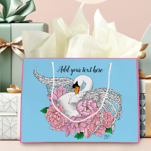 Grand Sac Cadeau Fleurs roses cygnes blanches