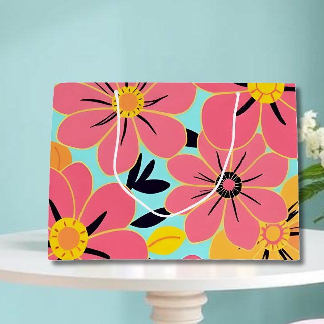 Grand Sac Cadeau Fleurs roses et jaunes sur Sky Blue -Dopamine (Pink & Yellow Blossoms on Sky Blue –Dopamine Style Large Gift Bag)