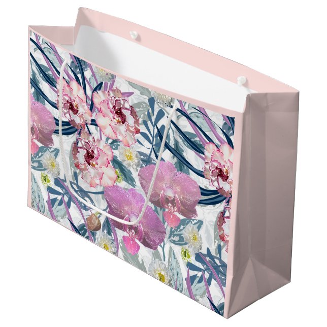 Grand Sac Cadeau Fleurs roses et orchidées. (Devant Angle)