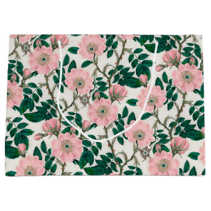 Grand Sac Cadeau Fleurs Roses roses et Motif Feuille vert